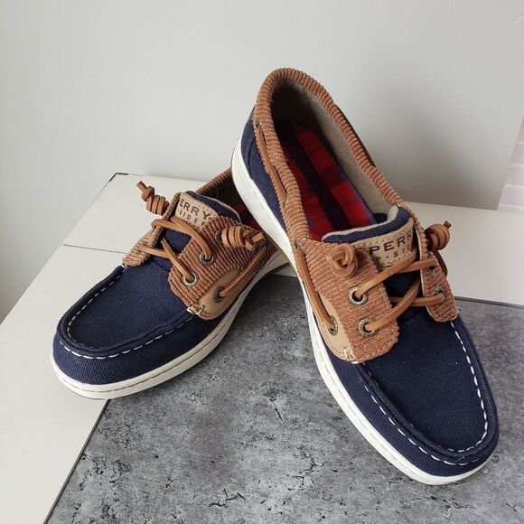 SPERRY TOP SIDER NAVY CANVAS AND TAN CORDUROY 5.5 - Picture 1 of 6
